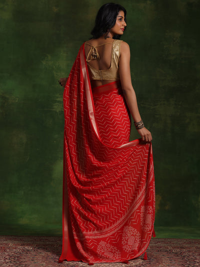 Red Printed Silk Blend Saree With Unstitched Blouse Piece