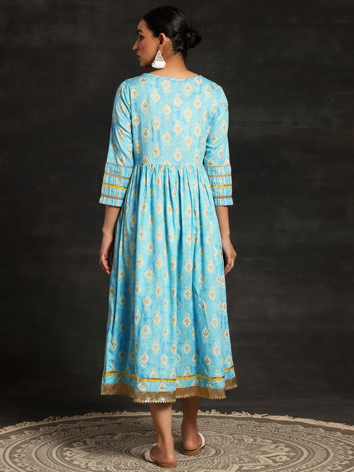 Turquoise Printed Cotton Fit and Flare Dress - ShopLibas