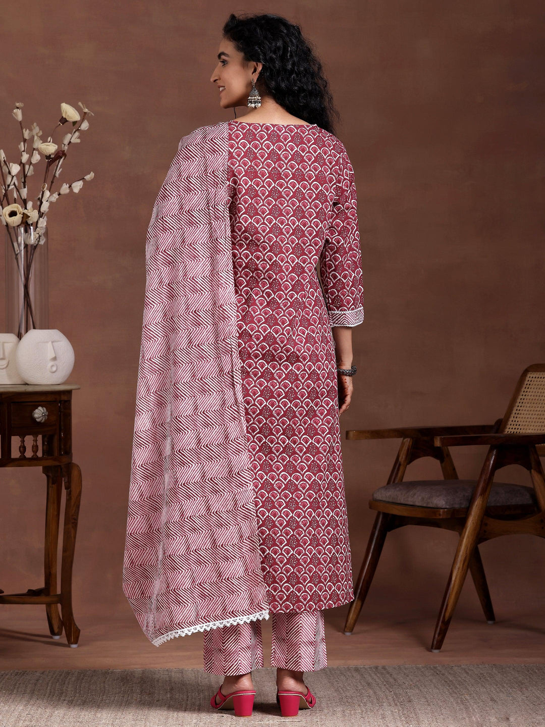Maroon Printed Cotton Straight Suit With Dupatta - Libas 