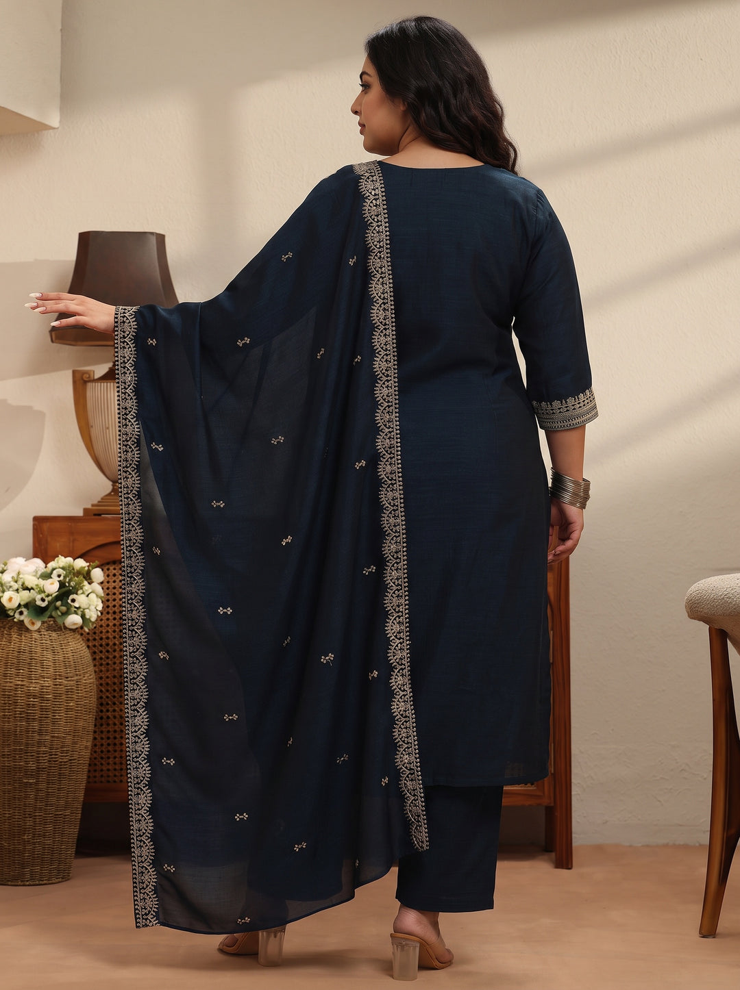 Plus Size Navy Blue Yoke Deisgn Silk Blend Straight Suit Set