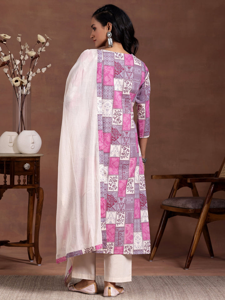 Off White Printed Cotton Straight Suit With Dupatta