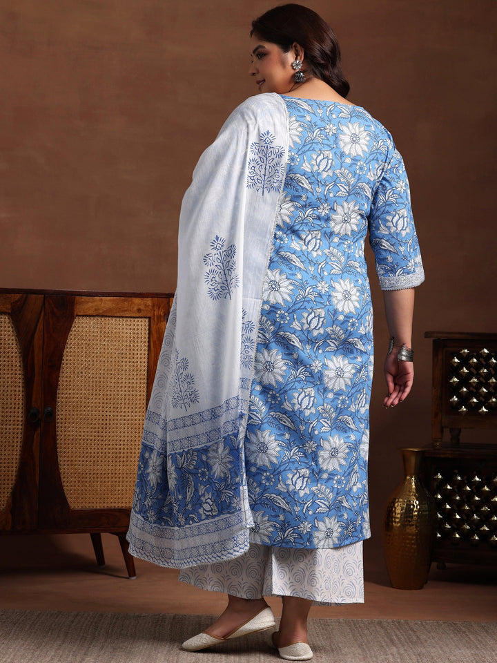 Plus Size Blue Printed Cotton Straight Suit With Dupatta