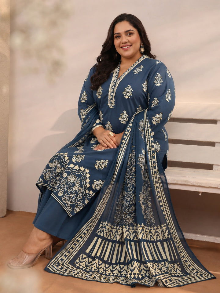 Plus Size Blue Floral Printed Cotton Blend Straight Suit Set