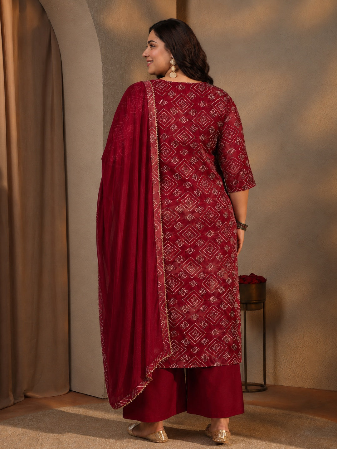 Plus Size Maroon Bandhani Printed Rayon Straight Suit Set
