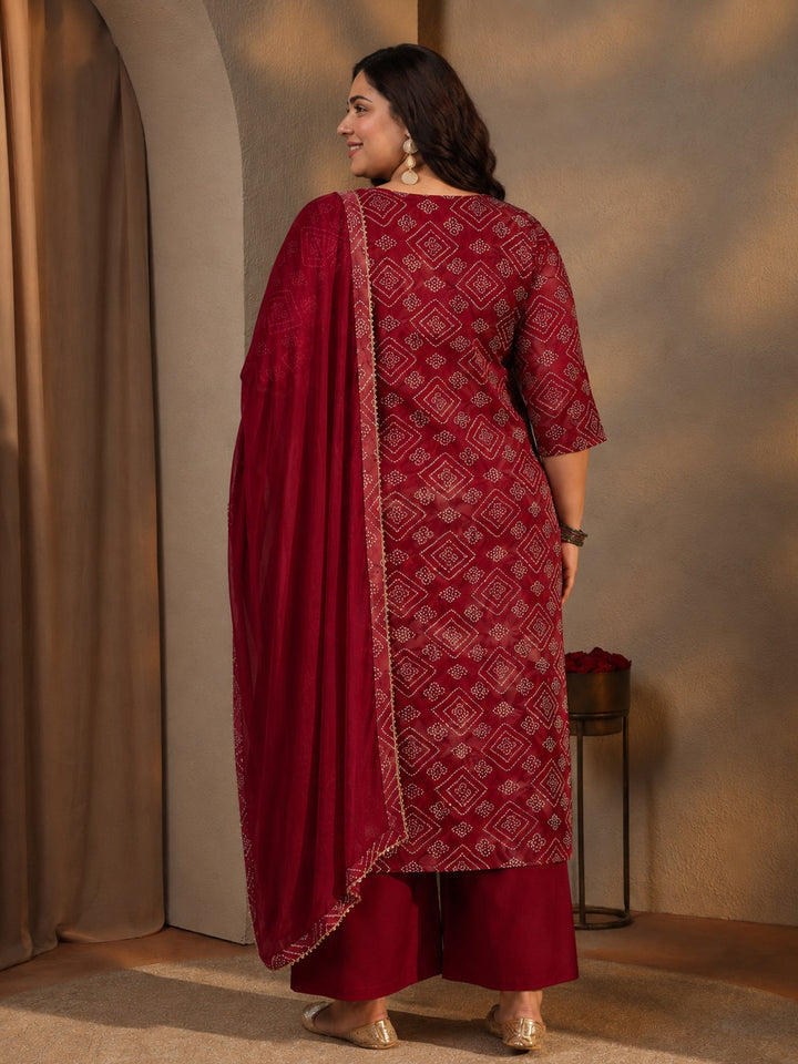 Plus Size Maroon Bandhani Printed Rayon Straight Suit Set