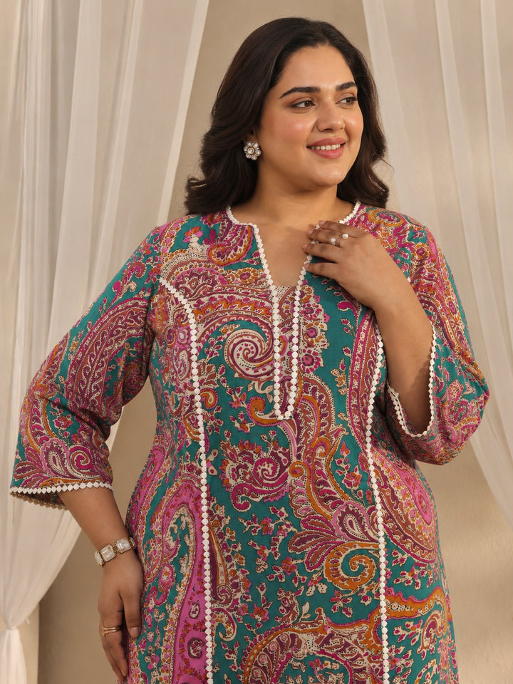 Plus Size Green Paisley Printed Cotton Straight Kurta