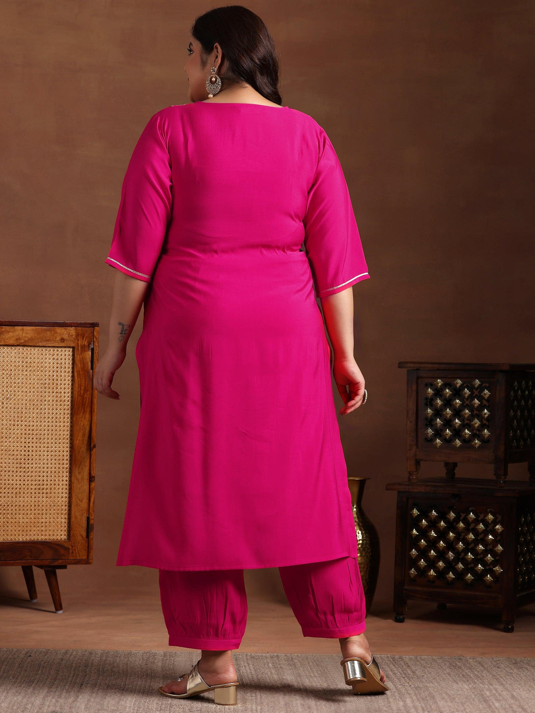 Plus Size Pink Yoke Design Silk Blend Straight Kurta Set