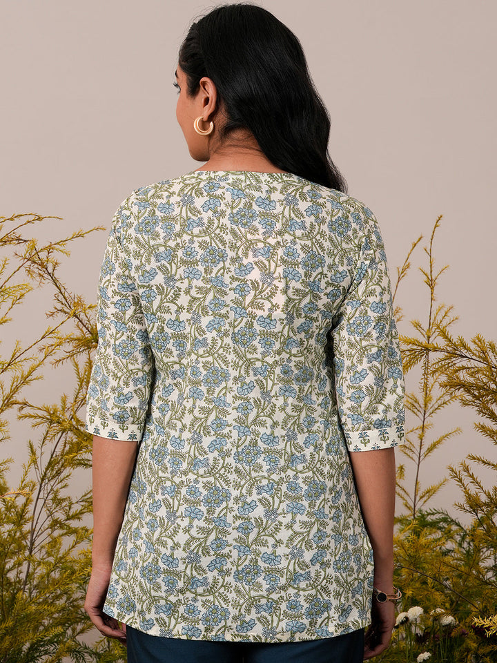 Off White Printed Cotton Straight Kurti