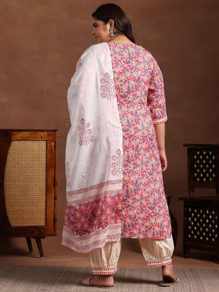 Plus Size Blue Printed Cotton Straight Suit With Dupatta