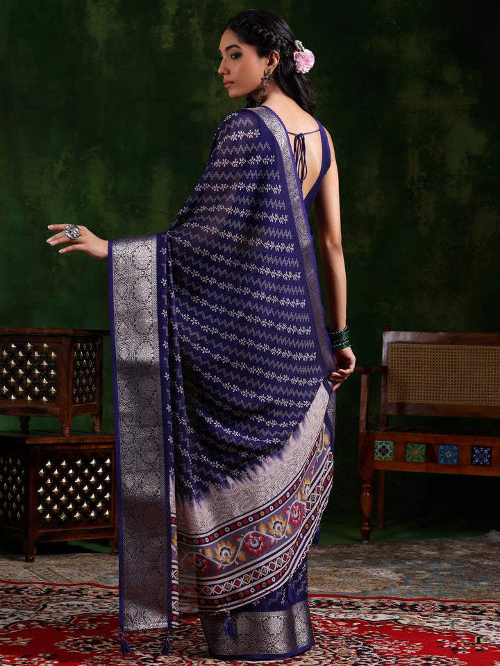 Purple Printed Silk Blend Saree With Unstitched Blouse Piece - Libas