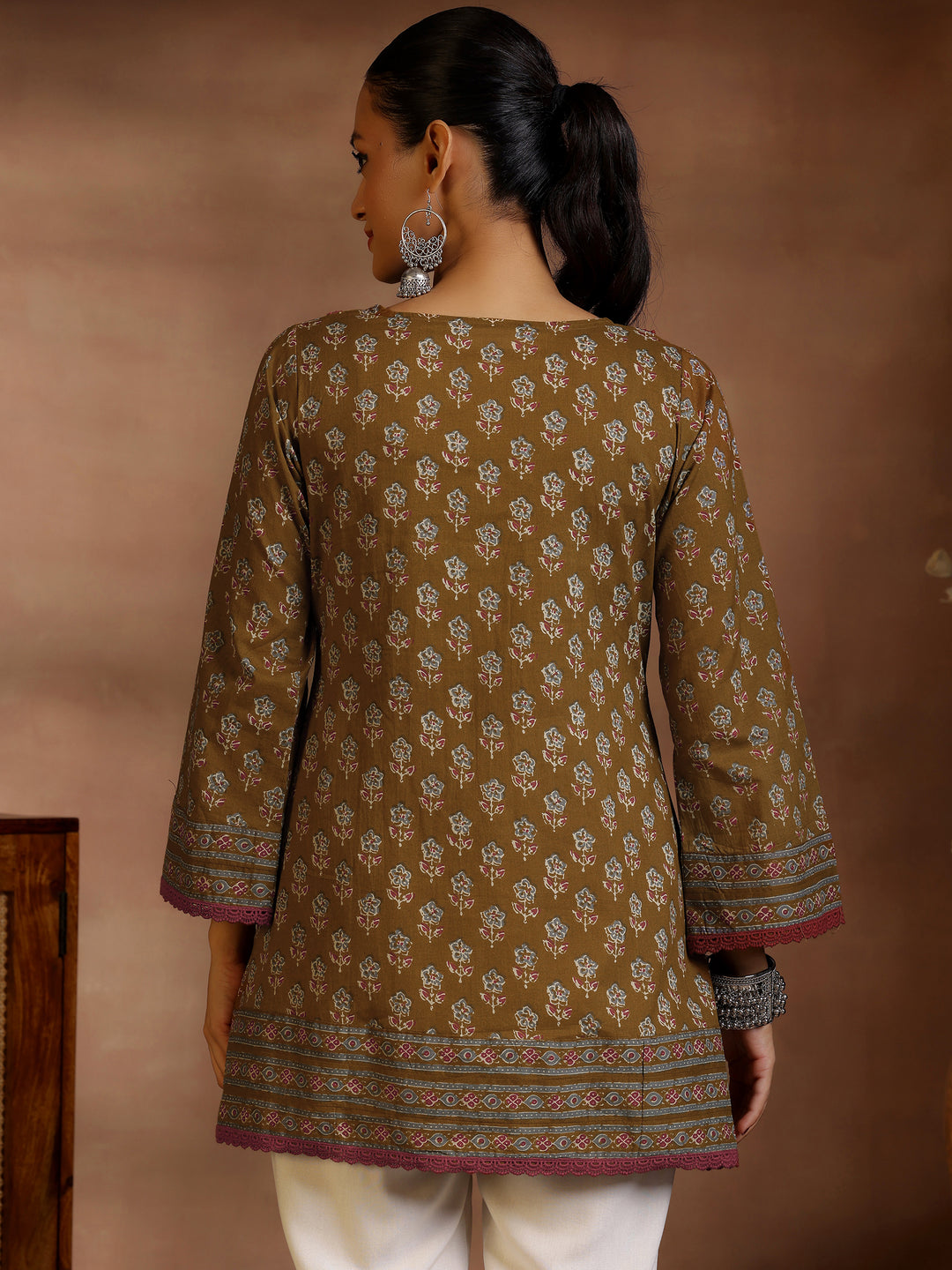 Libas Olive Printed Cotton A-Line Kurti