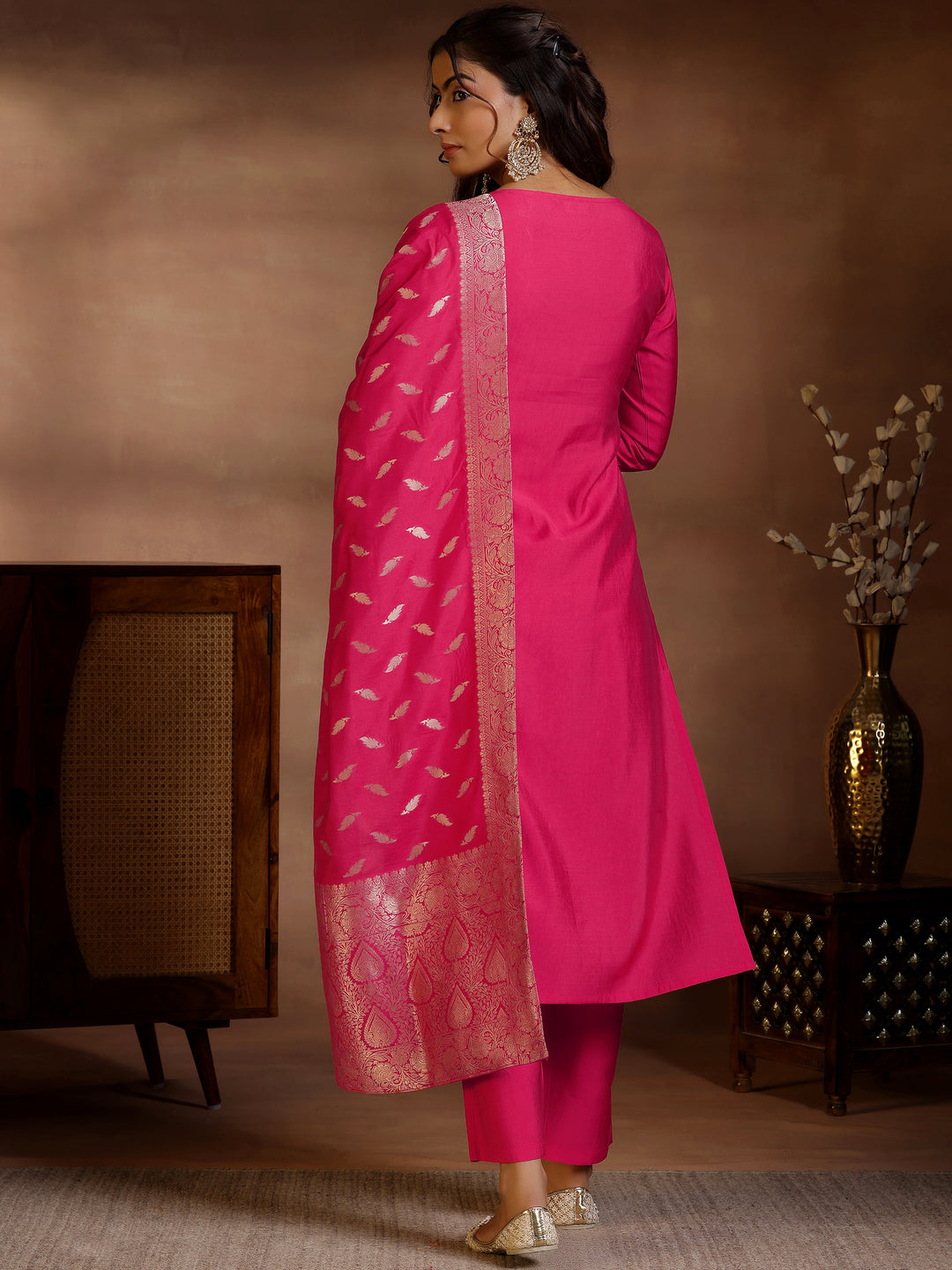 Pink Yoke Design Silk Blend Straight Suit Set With Dupatta