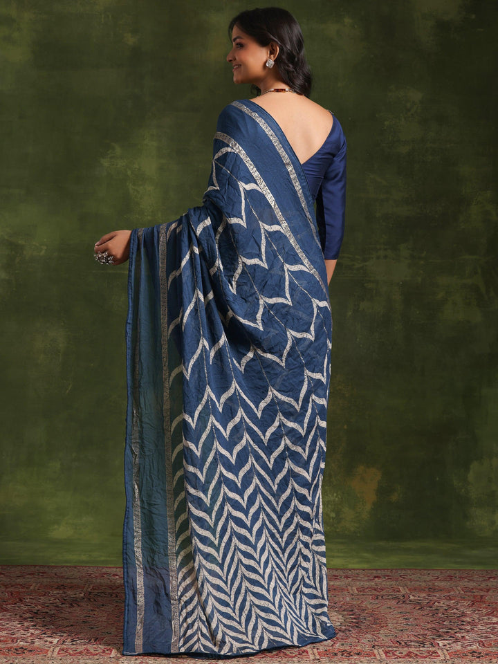 Blue Printed Poly Georgette Saree With Unstitched Blouse Piece - Libas