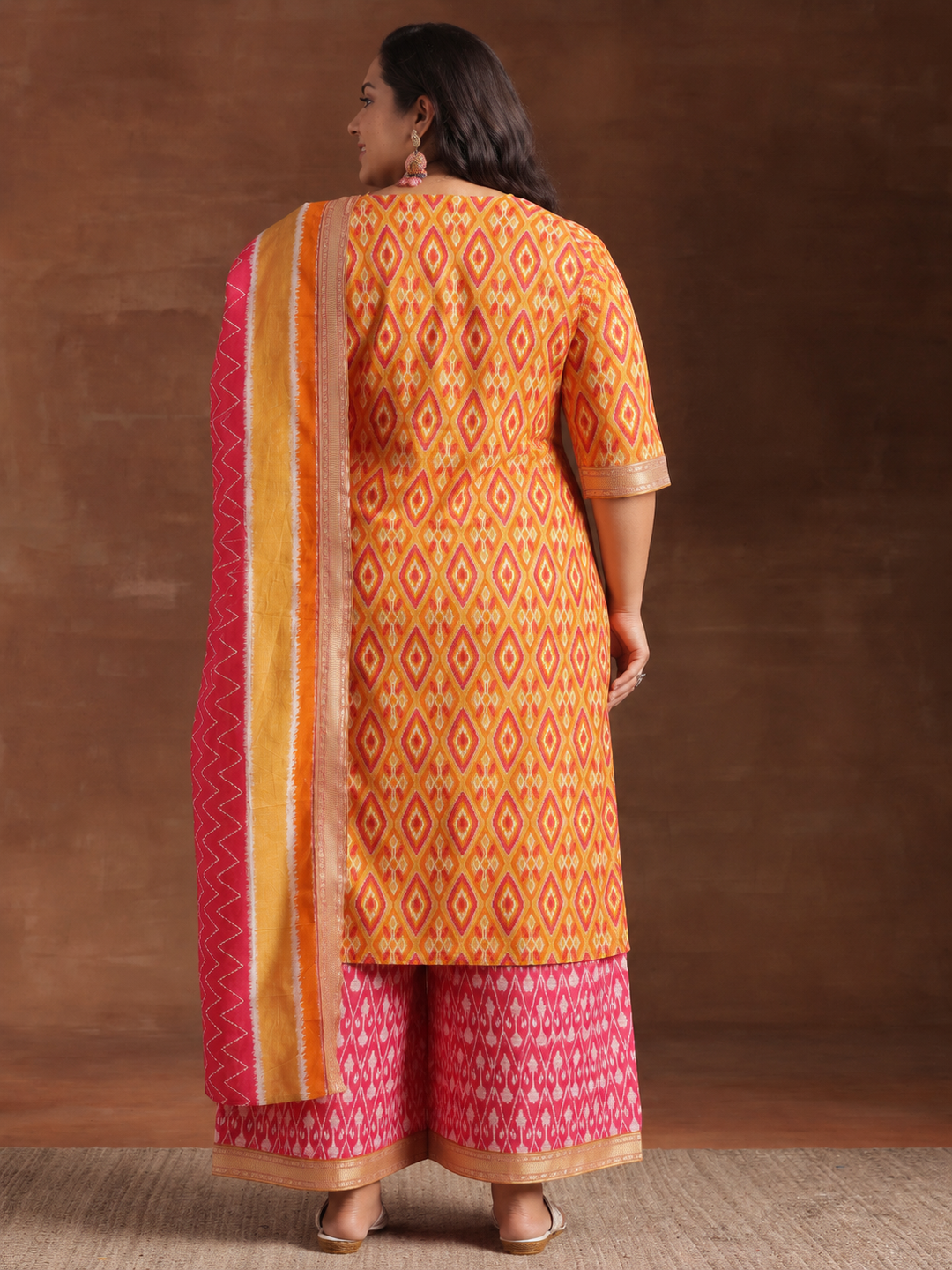 Plus Size Orange Floral Printed Cotton Straight Suit Set