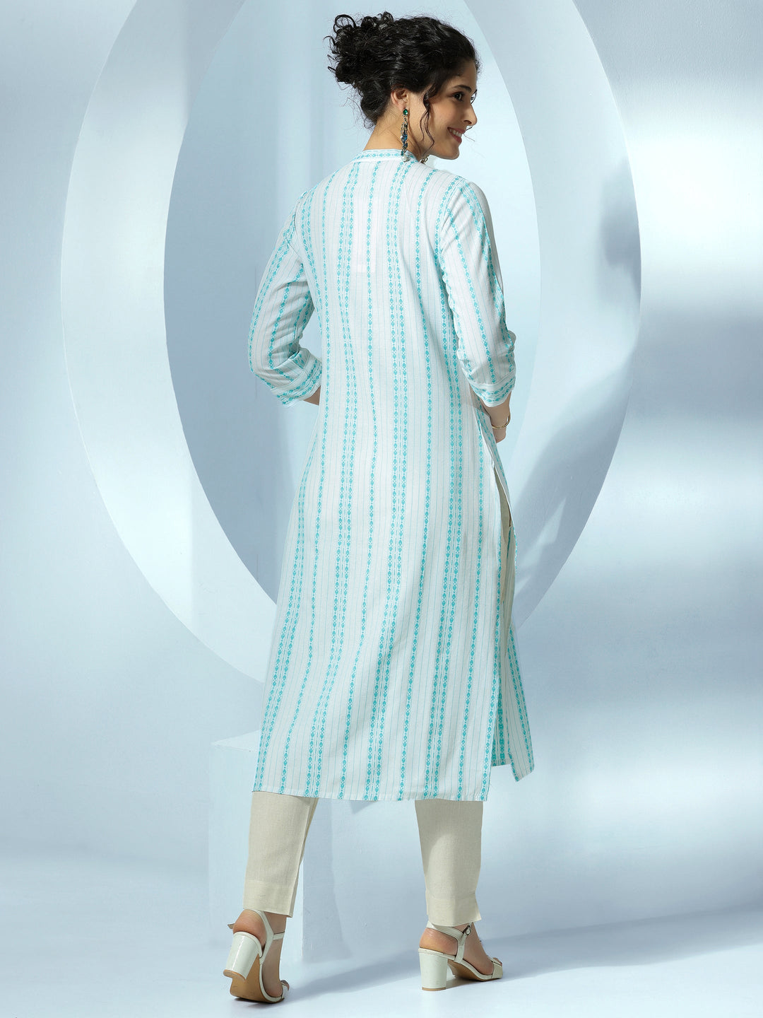 White Woven Design Cotton Straight Kurta