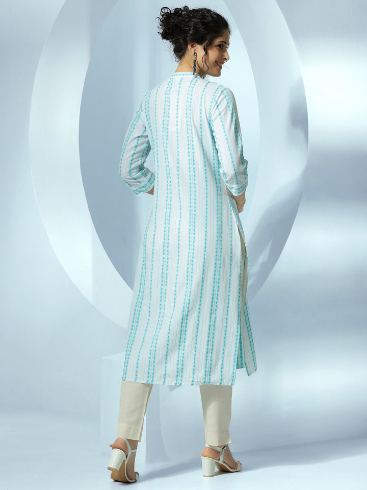 White Woven Design Cotton Straight Kurta
