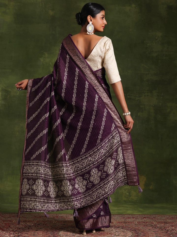 Purple Printed Silk Blend Saree With Unstitched Blouse Piece - Libas