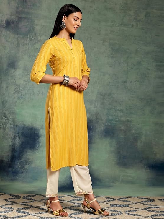 Yellow Woven Design Rayon Straight Kurta