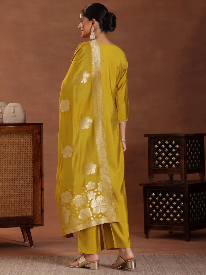Mustard Yoke Design Silk Blend Straight Suit With Dupatta