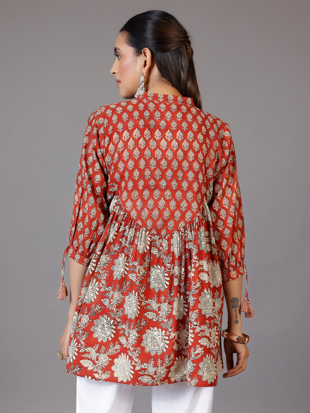 Rust Printed Cotton A-Line Kurti