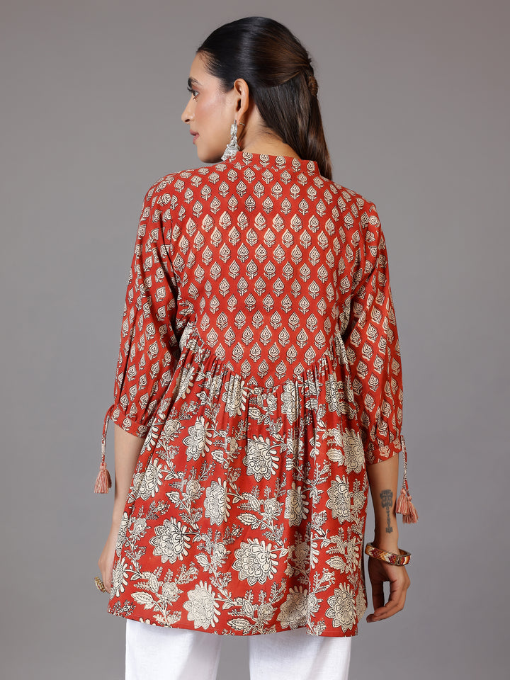 Rust Printed Cotton A-Line Kurti