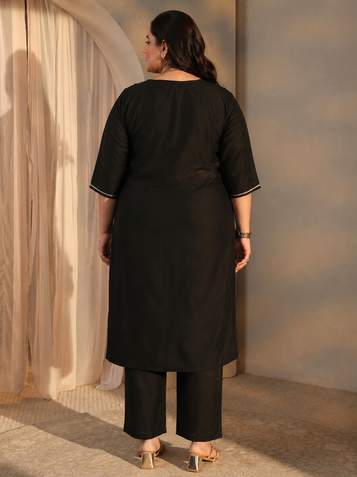 Plus Size Black Embellished Silk Blend Straight Kurta Set