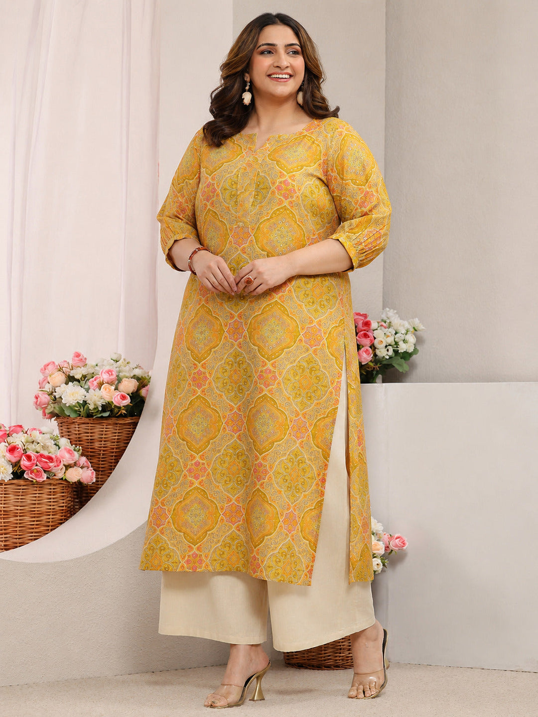 Plus Size Yellow Motif Printed Silk Blend Straight Kurta