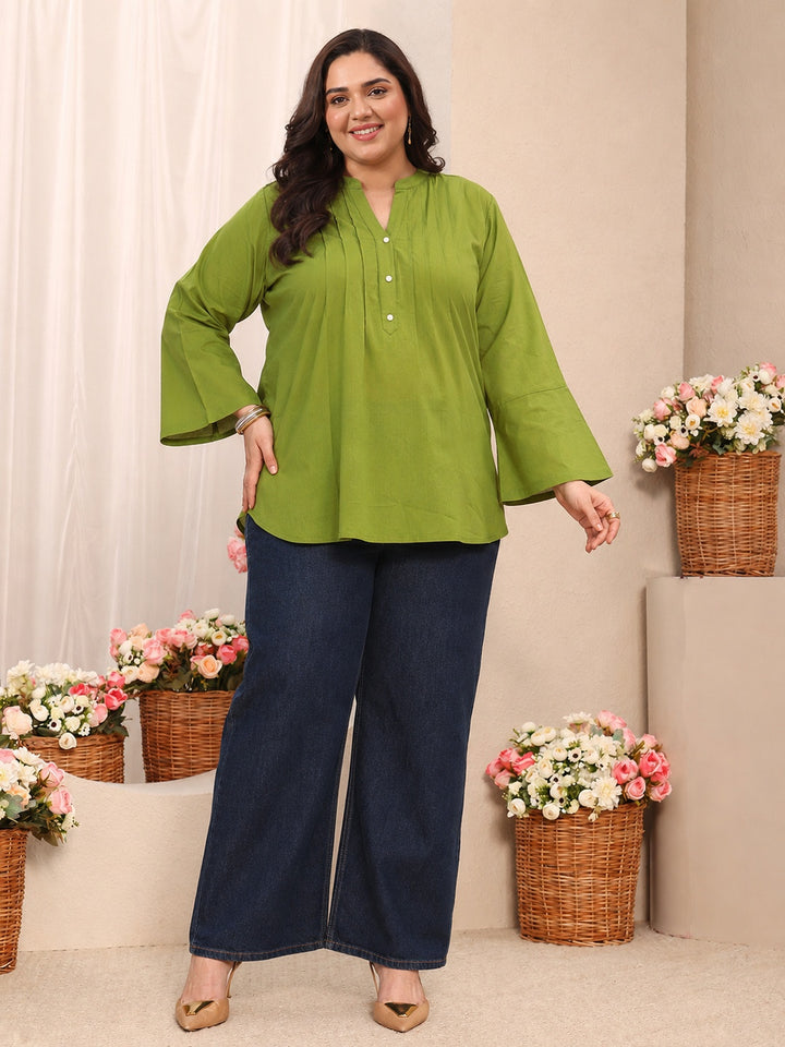 Plus Size Green Solid Cotton Blend Straight Short Kurti