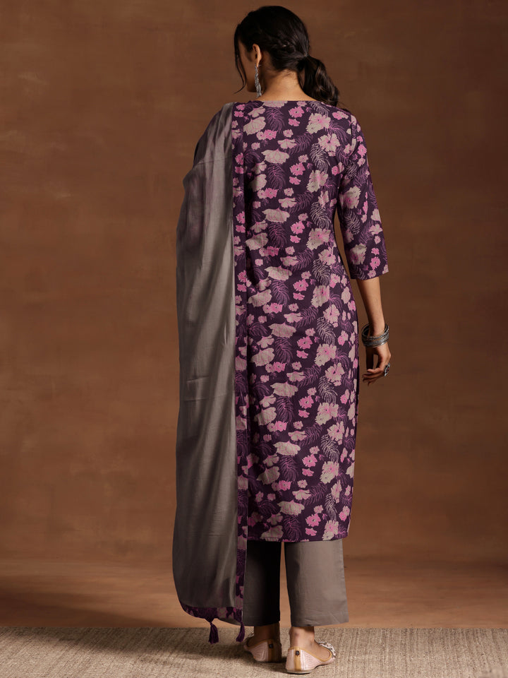 Wine Printed Cotton Straight Suit With Dupatta