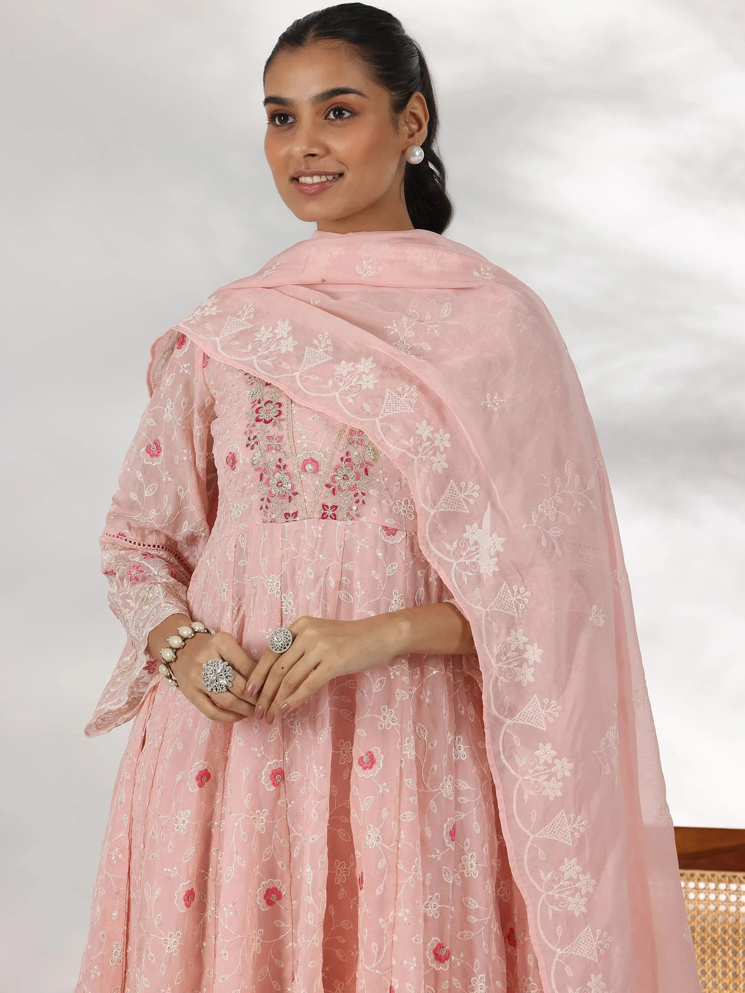 Pink Embroidered Organza Anarkali Suit With Dupatta