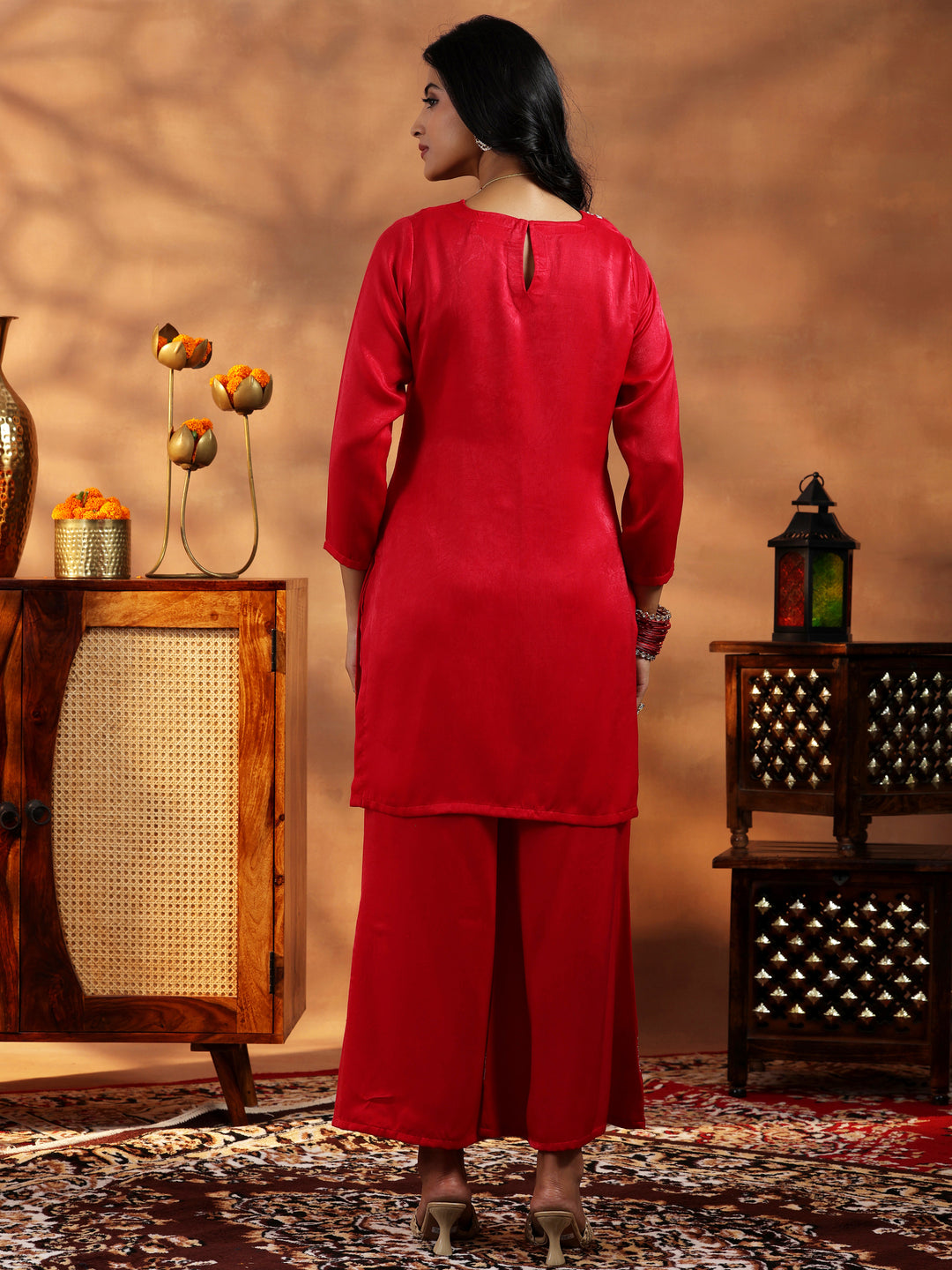 Red Embroidered Velvet Co-Ords
