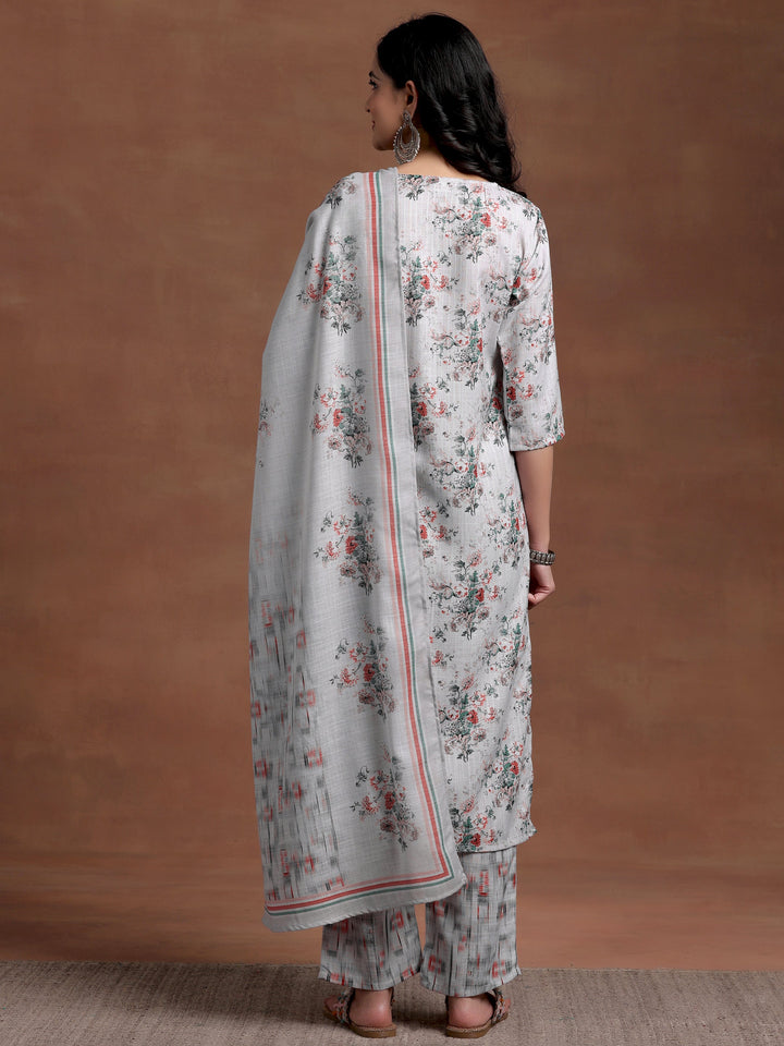 Grey Printed Cotton Straight Suit With Dupatta