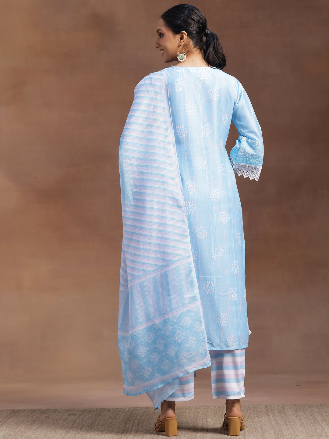 Blue Embroidered Cotton Blend Straight Suit With Dupatta
