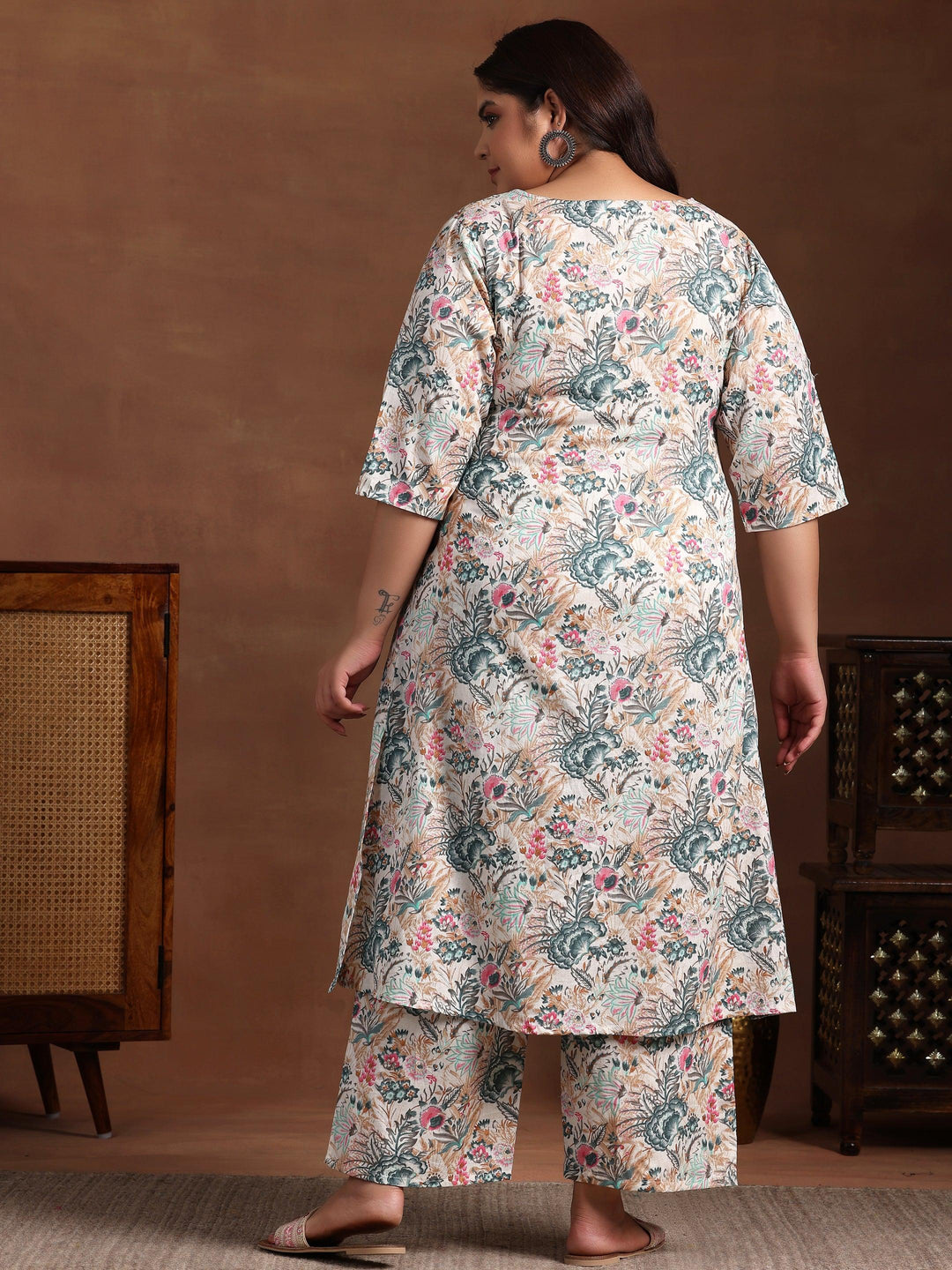 Plus Size Cream Printed Cotton Co-Ords