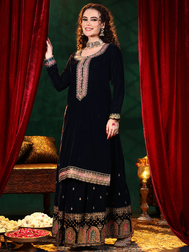Blue Embroidered Velvet Straight Suit With Dupatta