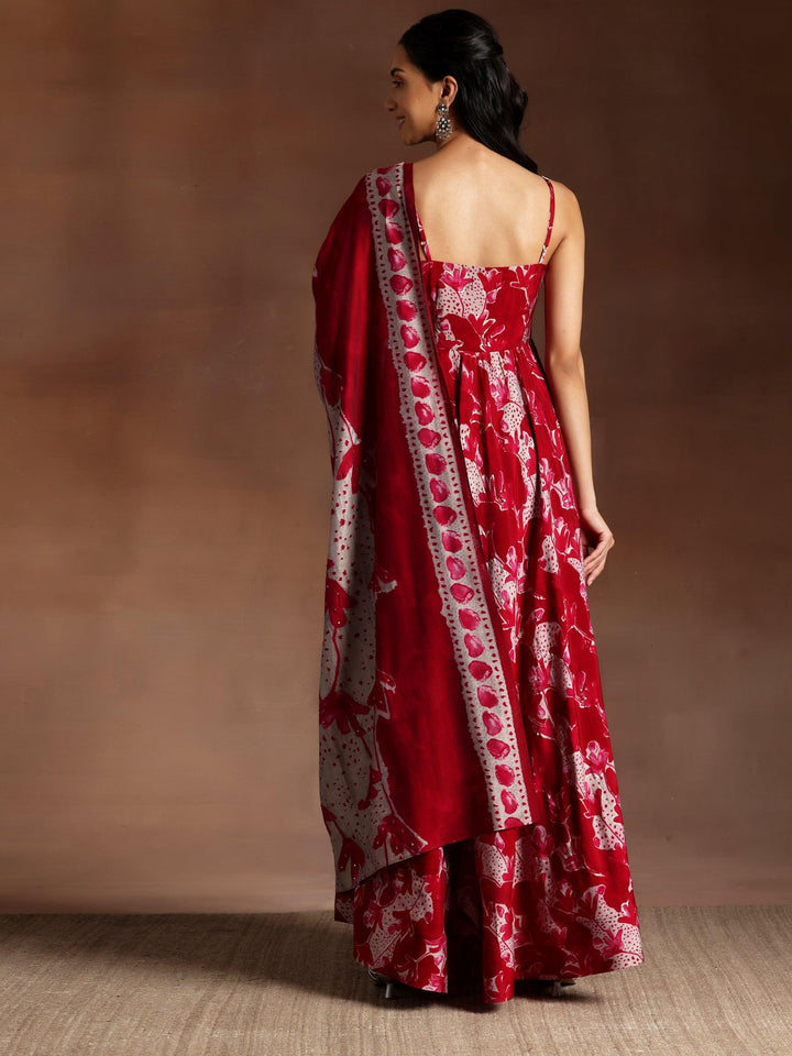 Manjari Pink Printed Silk Blend Anarkali Kurta With Trousers & Dupatta - ShopLibas