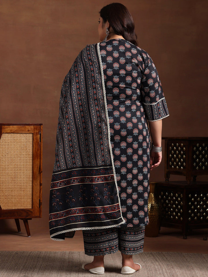 Plus Size Black Printed Cotton Straight Suit With Dupatta