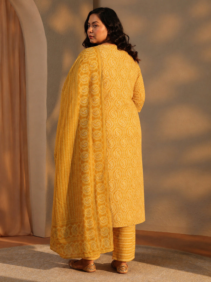 Plus Size Yellow Paisley Printed Cotton Straight Suit Set