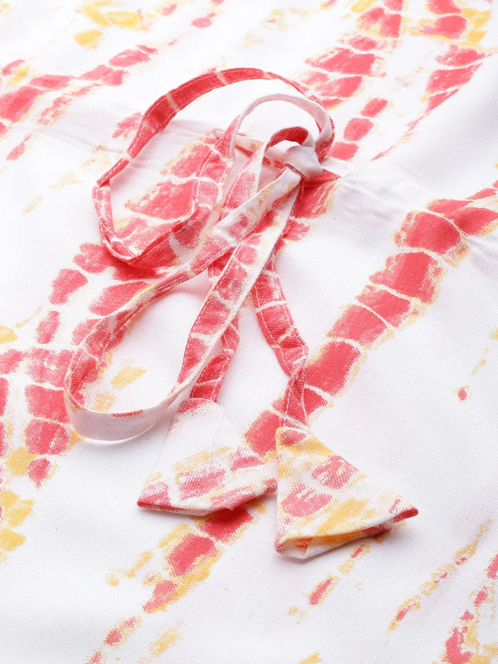 White rayon printed kaftan nightdress with tie-up details