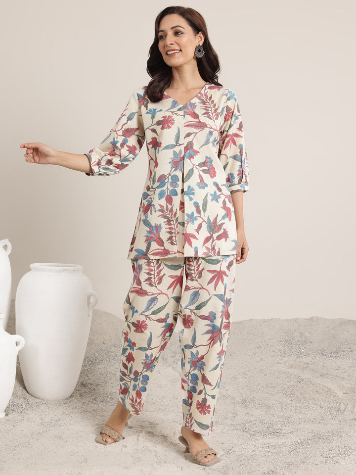 Off White Printed Cotton Co-Ord Sets