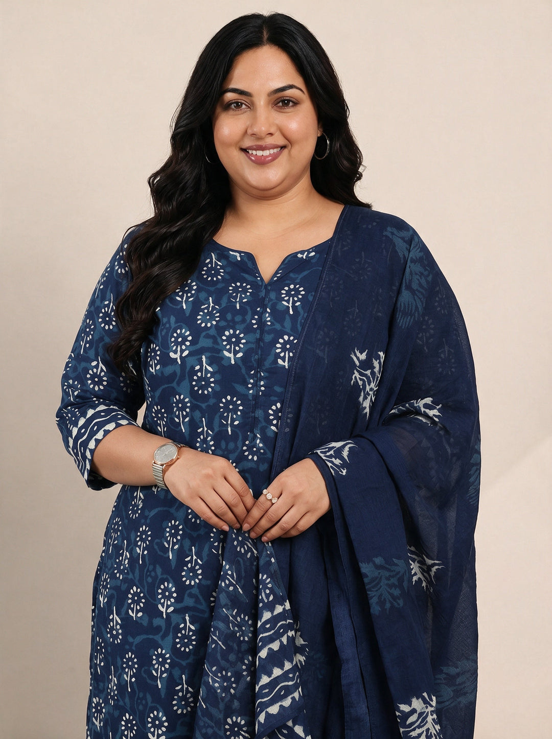 Plus Size Indigo Blue Floral Printed Cotton Straight Suit Set