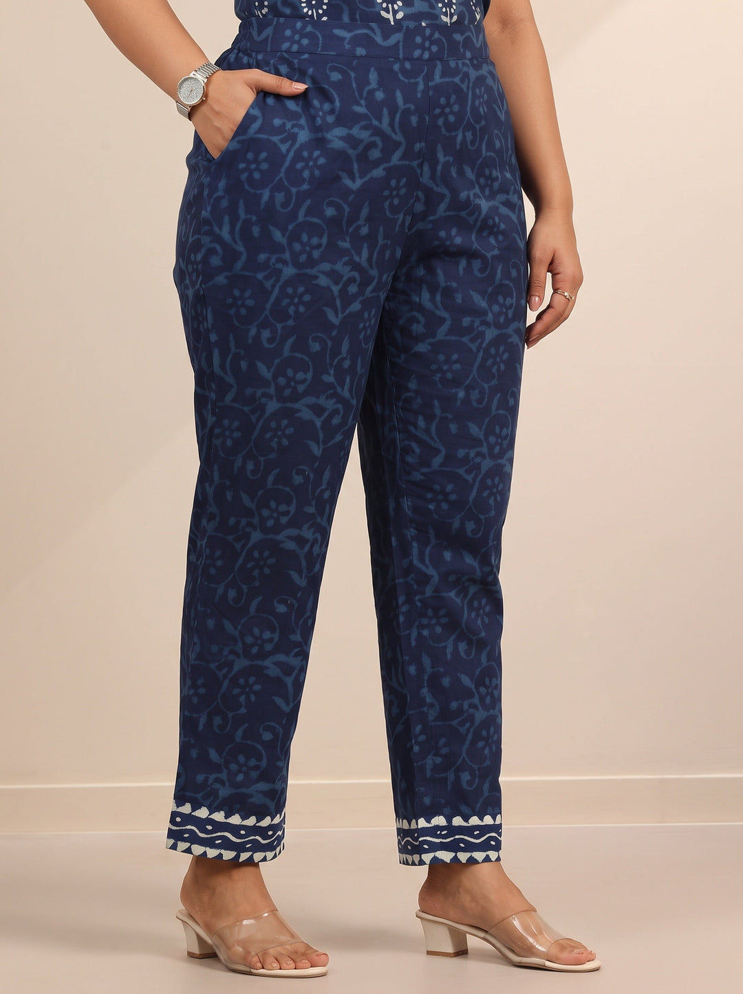 Plus Size Indigo Blue Floral Printed Cotton Straight Suit Set