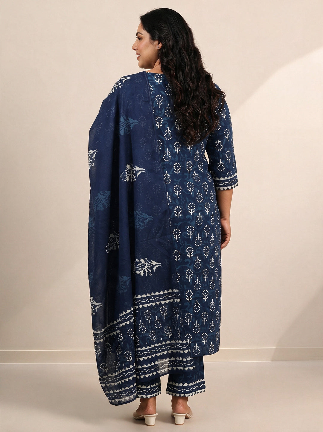Plus Size Indigo Blue Floral Printed Cotton Straight Suit Set