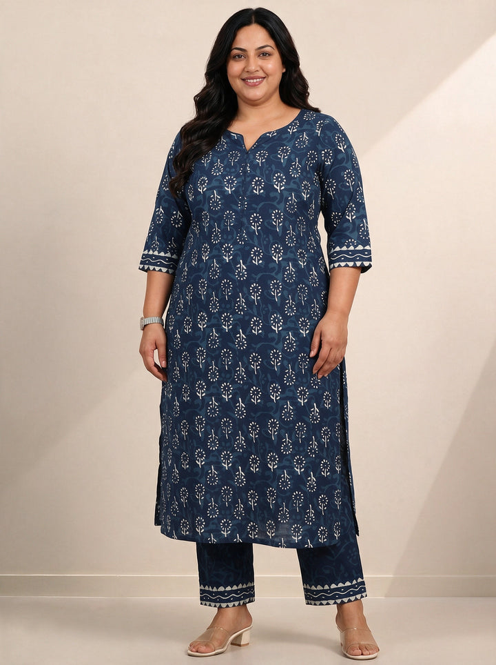 Plus Size Indigo Blue Floral Printed Cotton Straight Suit Set