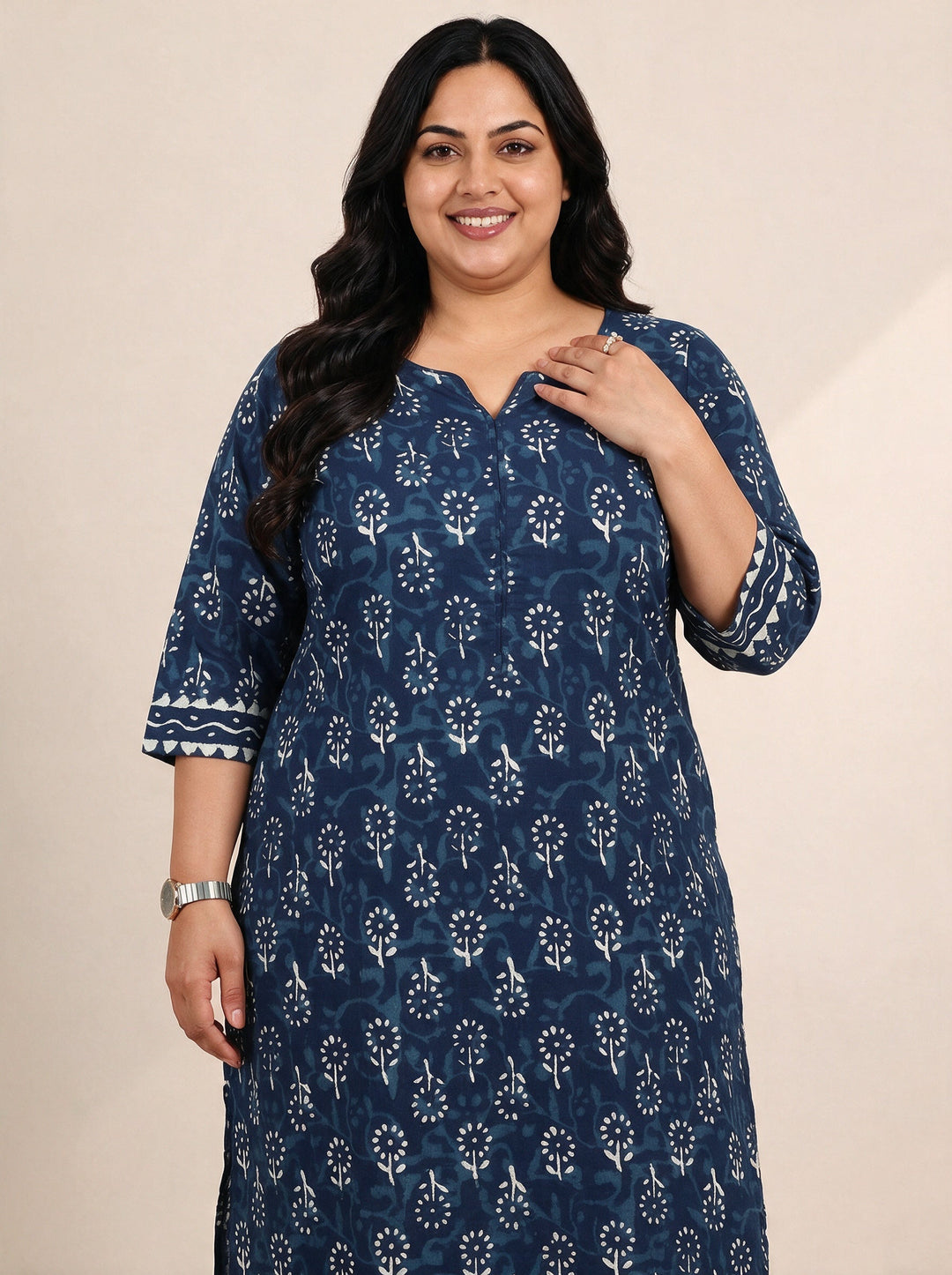 Plus Size Indigo Blue Floral Printed Cotton Straight Suit Set