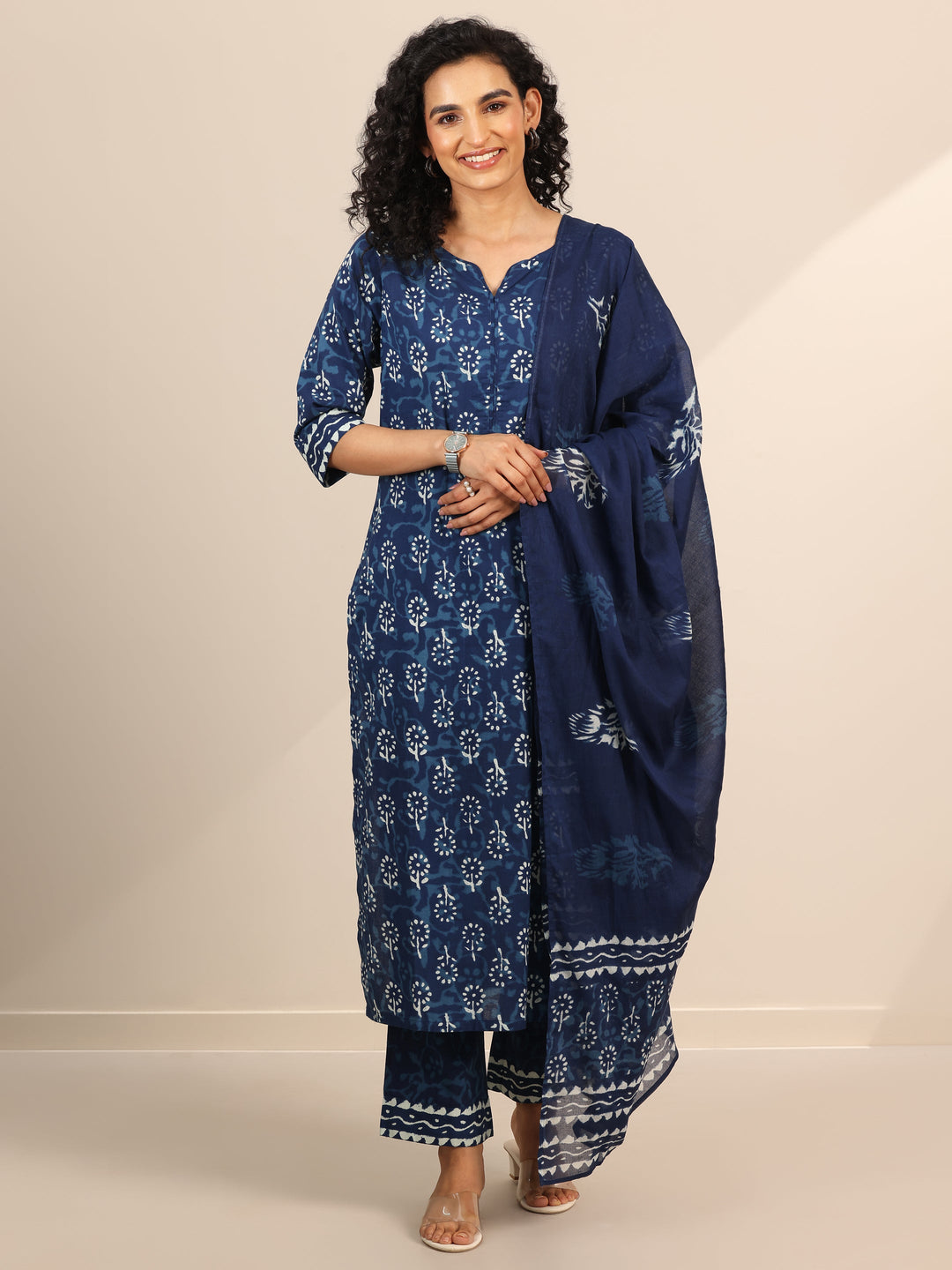 Indigo Printed Cotton Straight Suit Set With Dupatta
