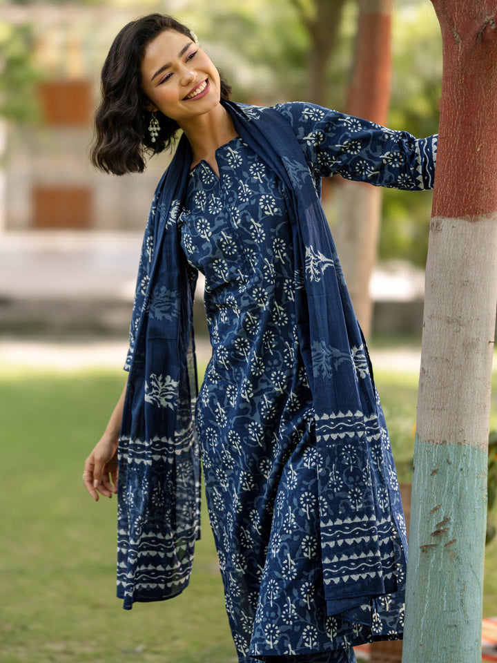 Indigo Printed Cotton Straight Suit Set With Dupatta