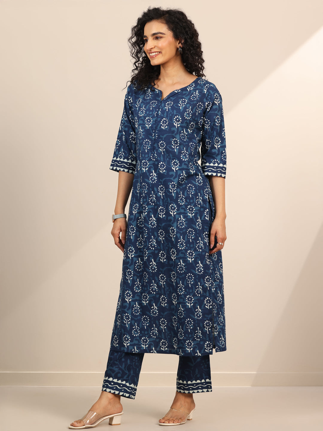 Indigo Printed Cotton Straight Suit Set With Dupatta