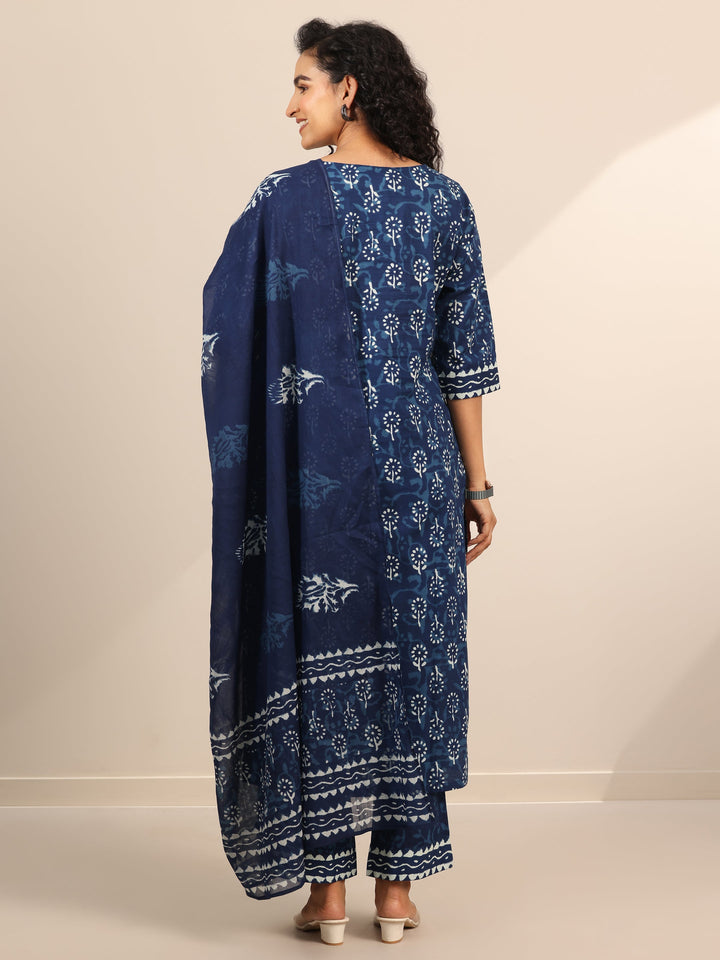 Indigo Printed Cotton Straight Suit Set With Dupatta