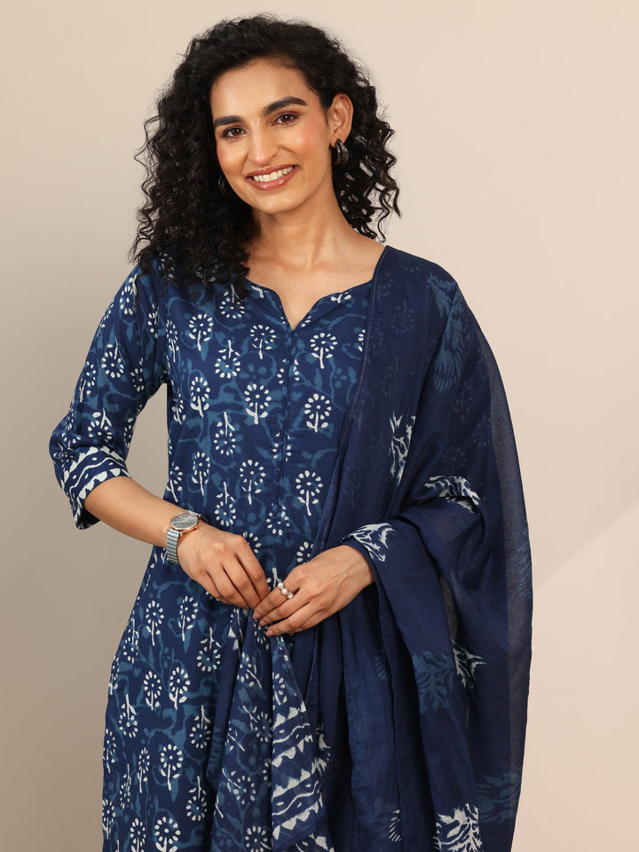 Indigo Printed Cotton Straight Suit Set With Dupatta